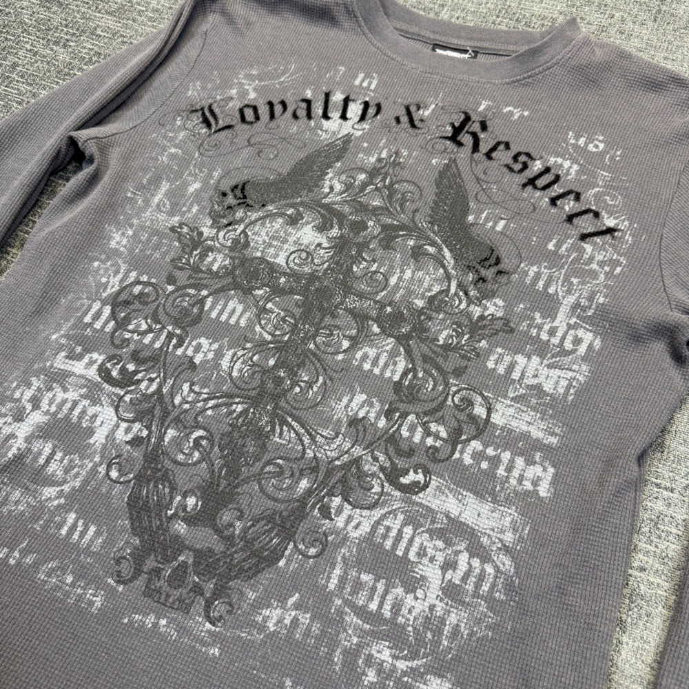 MMA Elite Mens Gray Waffle Knit Thermal Shirt Loyalty Respect Graphic Cross L